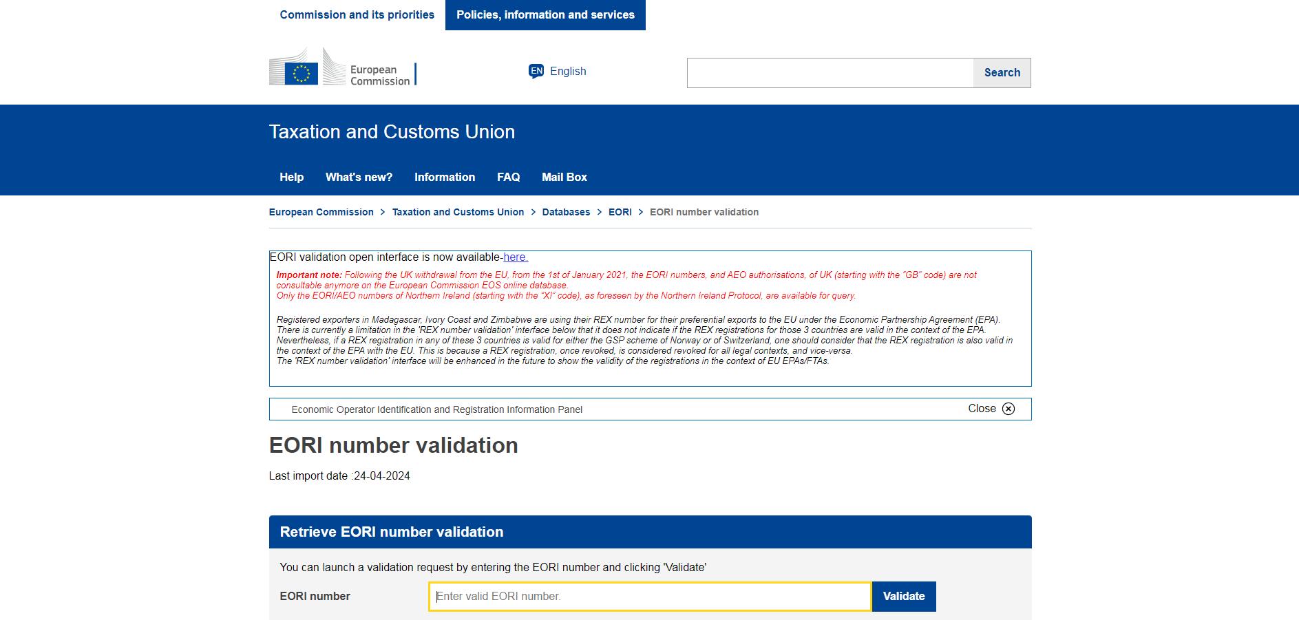 EORI number inquire